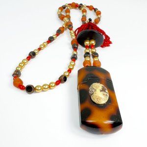Vtg Eyeglass Case w/ Cameo Pendant on Glass & Wood Beaded Necklace w/ Tassel